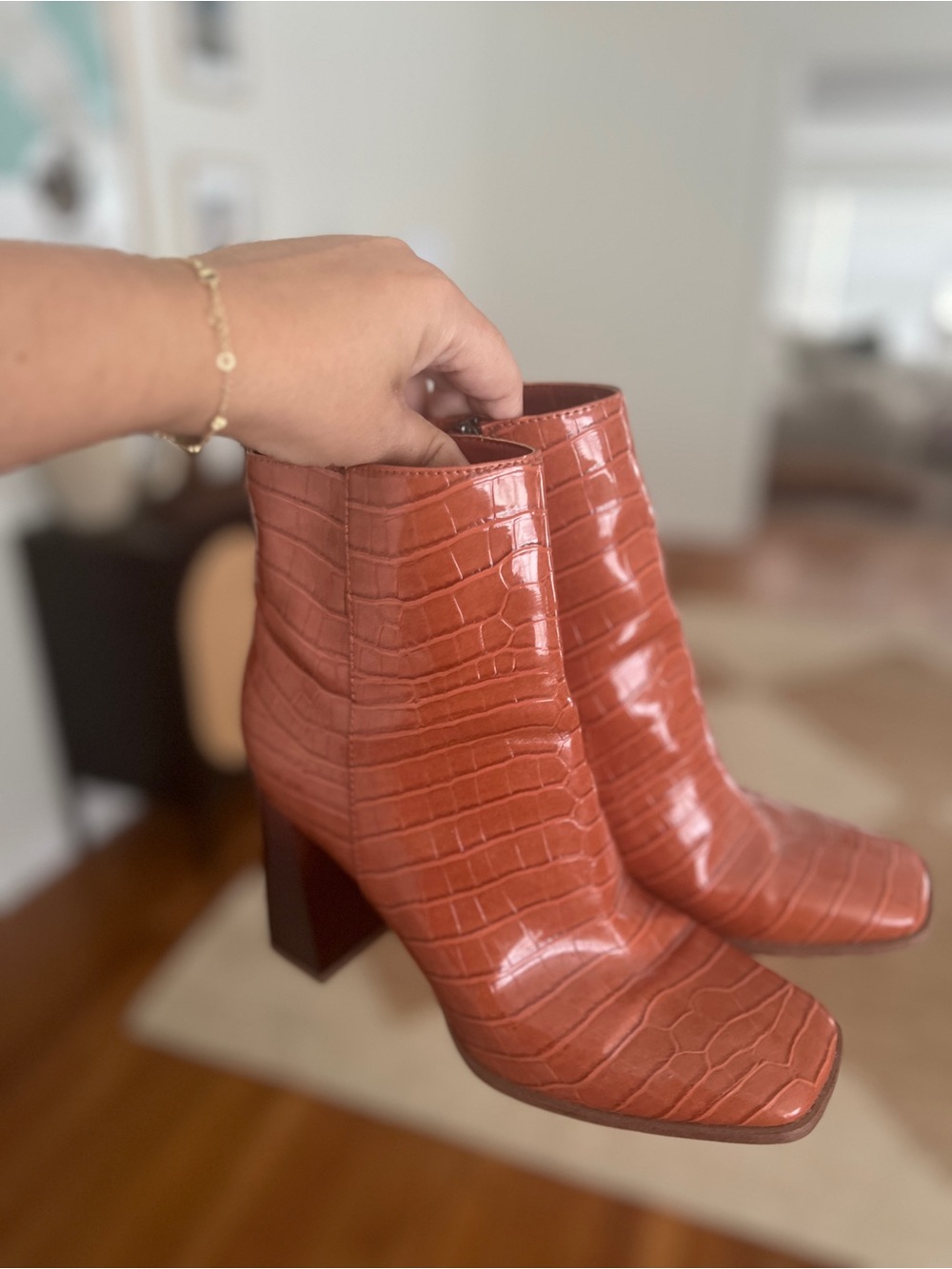 Women's Croc-Embossed Block Heel Ankle Boots - Rust